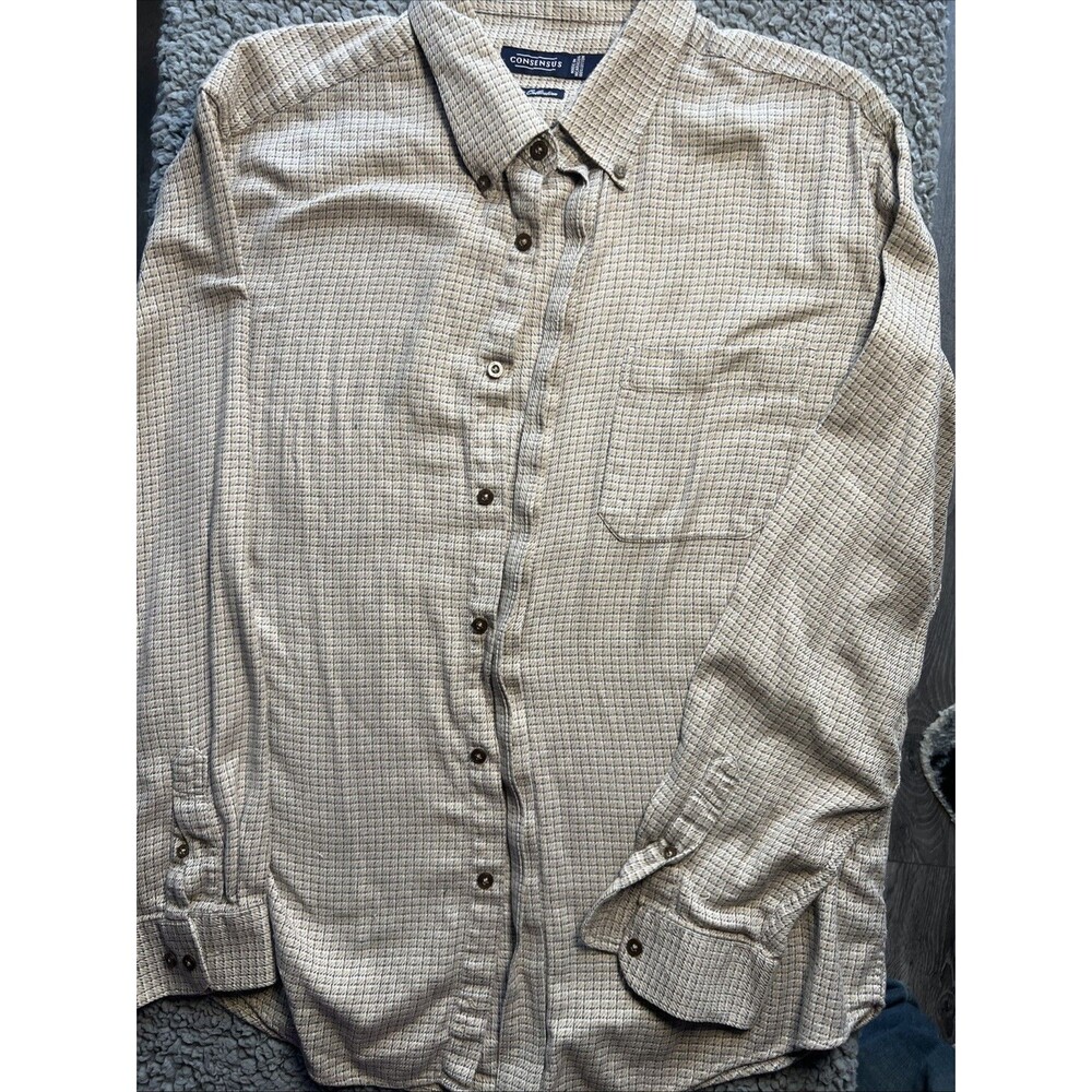 Consensus Shirt Size XL Mens Light Brown Plaid Long Sleeve Button Down Collar